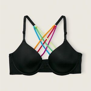 Victoria’s Secret Pink Front Closure Rainbow Back Black Bra 34 DD